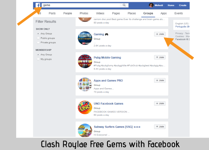 fackbook page for searching group to share clash royale free gems rewards
